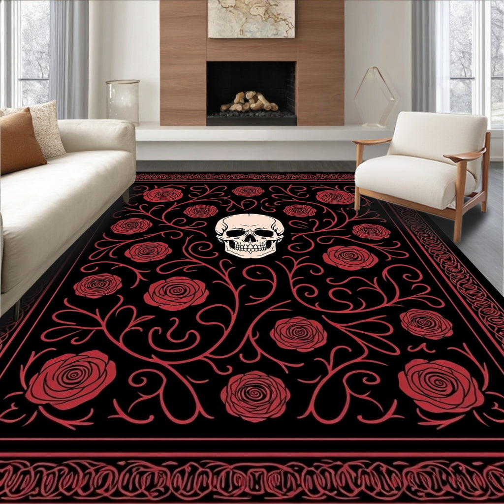 Gothic Skull Red Rose Floral Border Rug