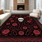 Gothic Skull Red Rose Floral Border Rug