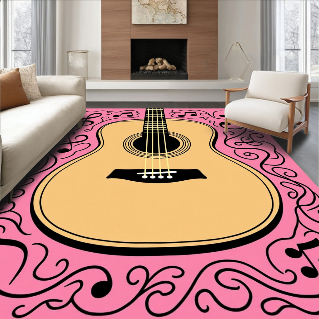 Pink Acoustic Guitar Music Notes Rug