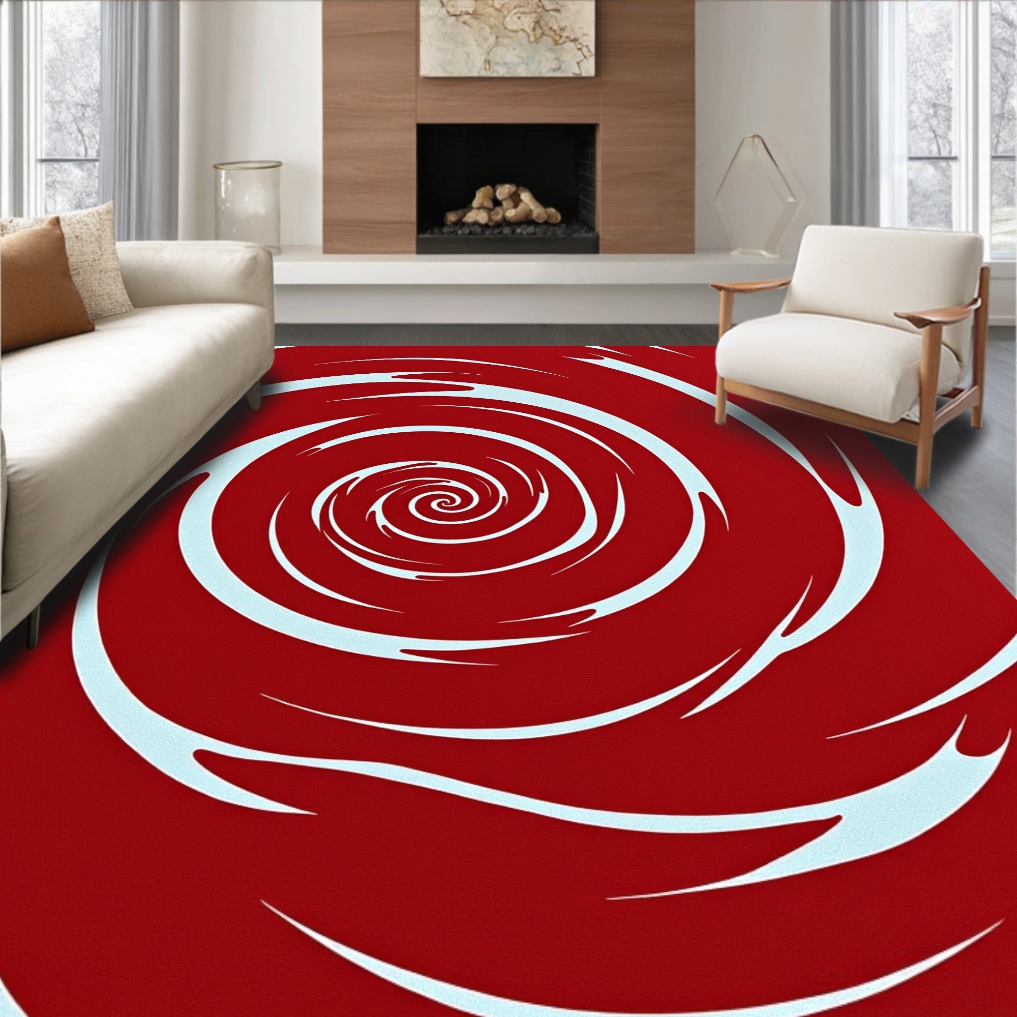 Crimson Swirl Abstract Line Rug