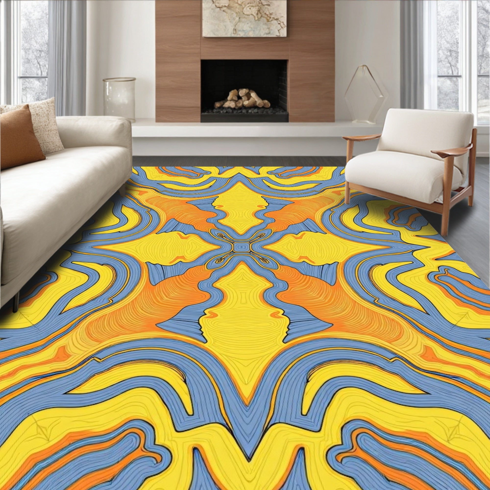 Yellow Blue Orange Abstract Swirl Rug
