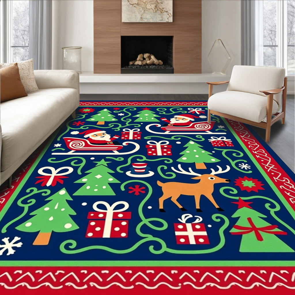 Festive Blue Santa Sleigh Deer Trees Rug