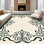 Cream Dark Green Scrollwork Frame Rug
