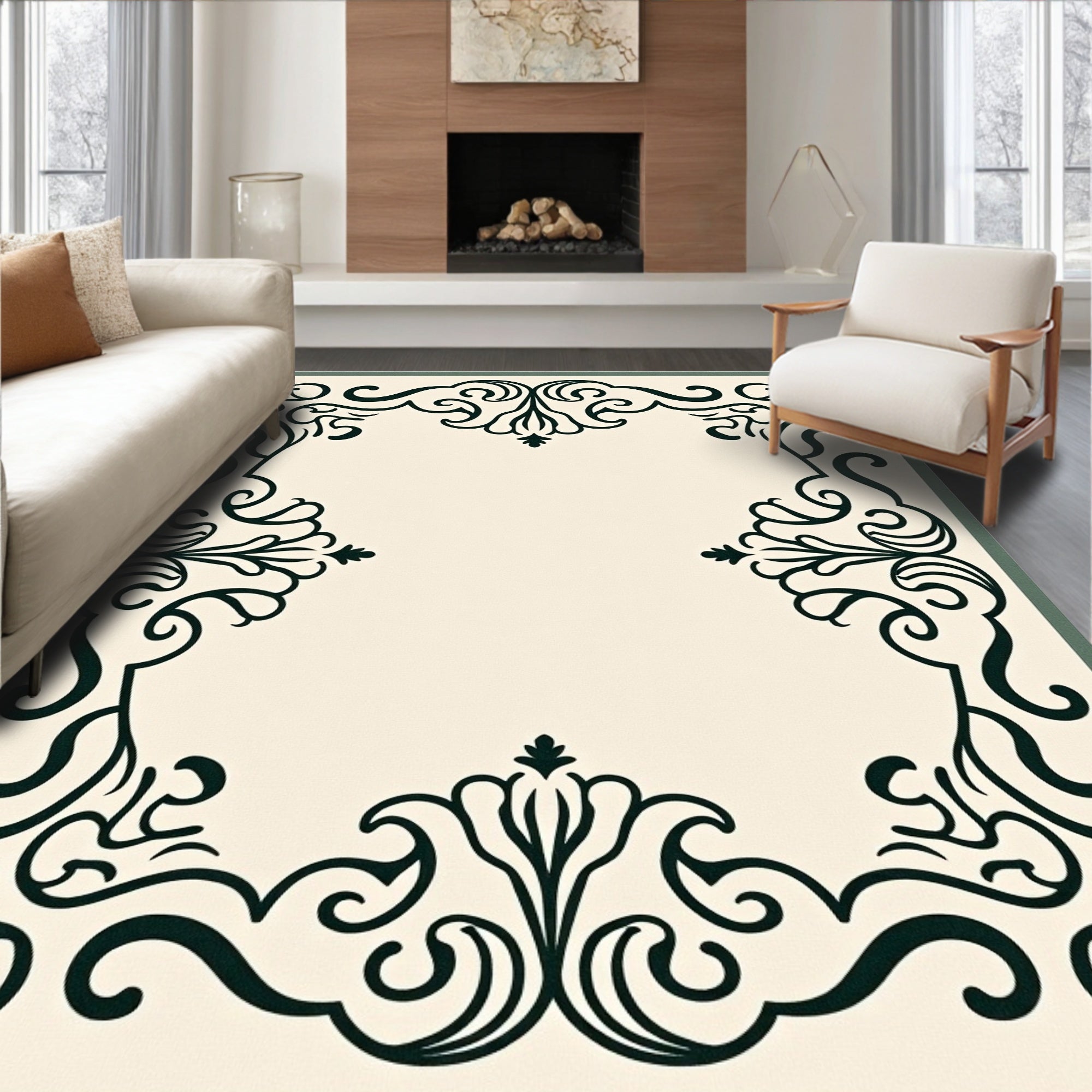 Cream Dark Green Scrollwork Frame Rug