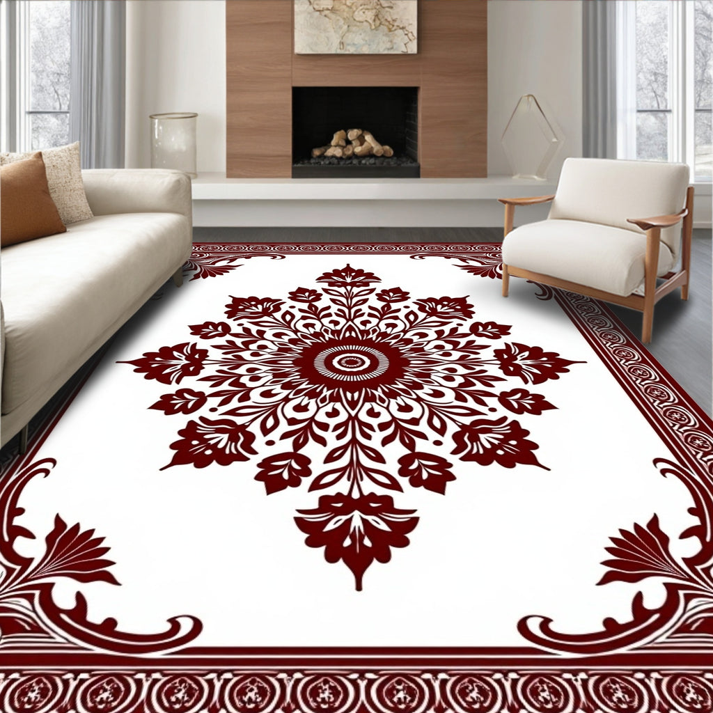 Deep Red Floral Medallion Frame Rug
