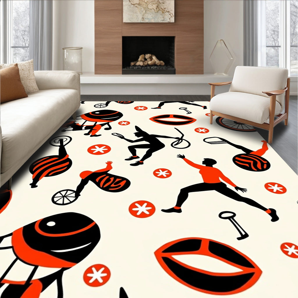 Circus Black Orange Figures Whimsical Whimsical Rug