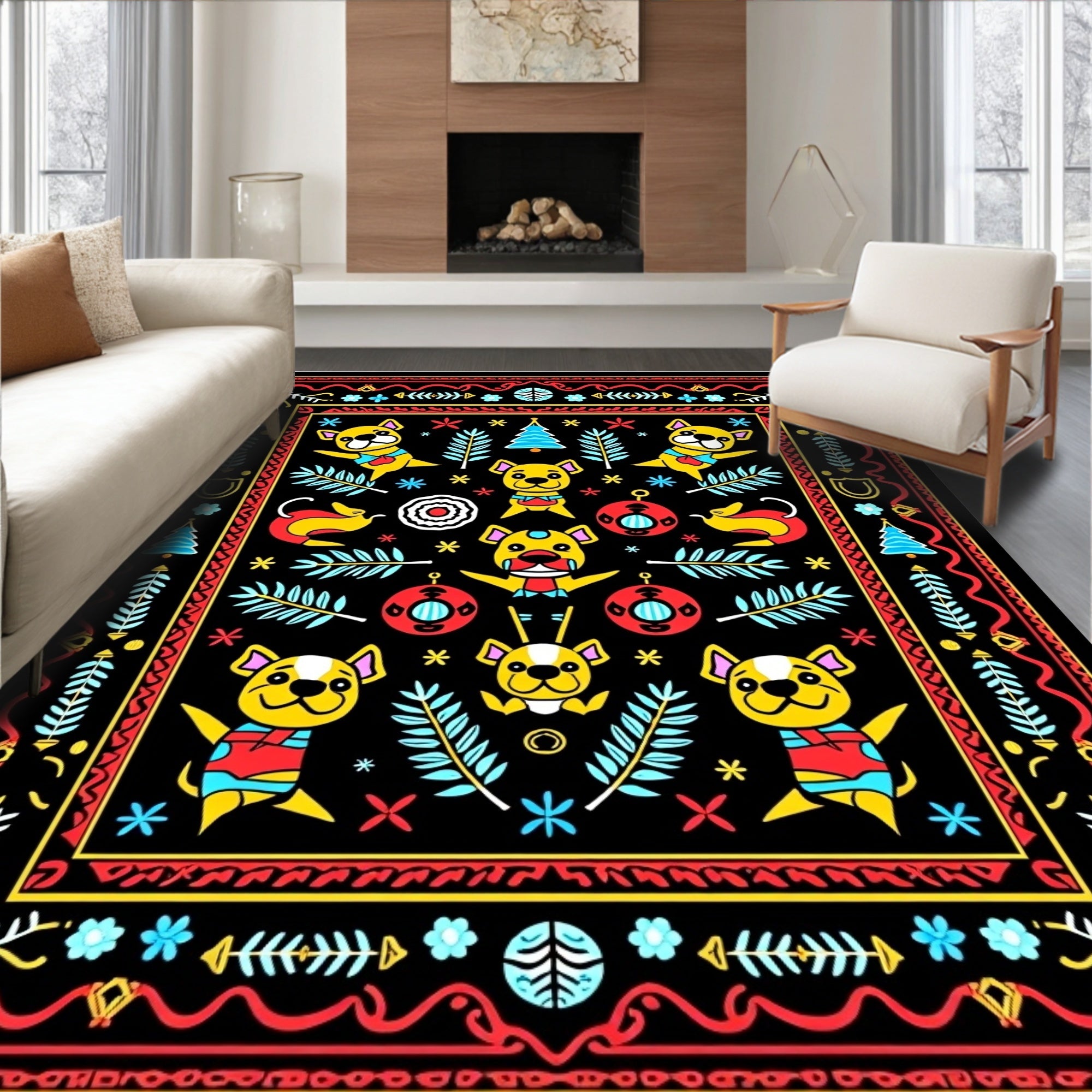 Whimsical Yellow Dog Forest Holiday Rug
