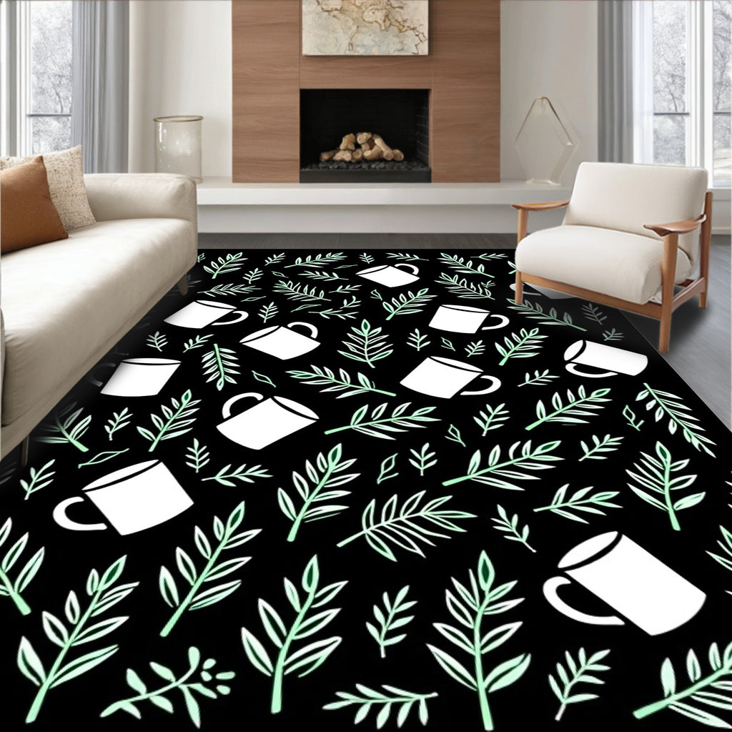 Coffee Tea Leaves Black Background Rug