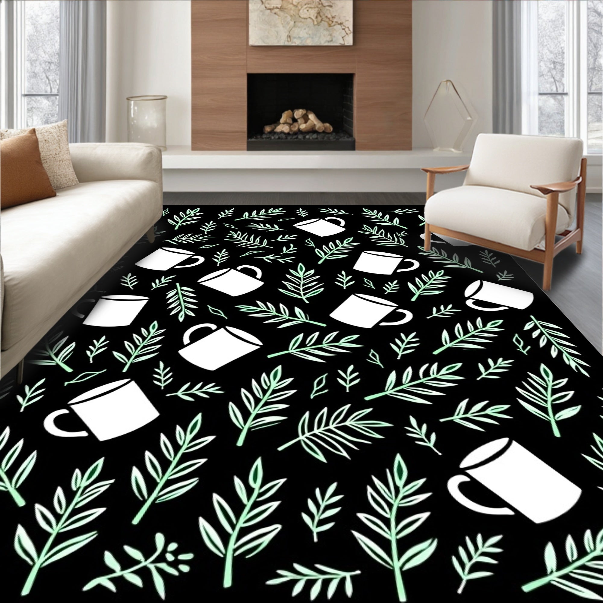 Coffee Tea Leaves Black Background Rug