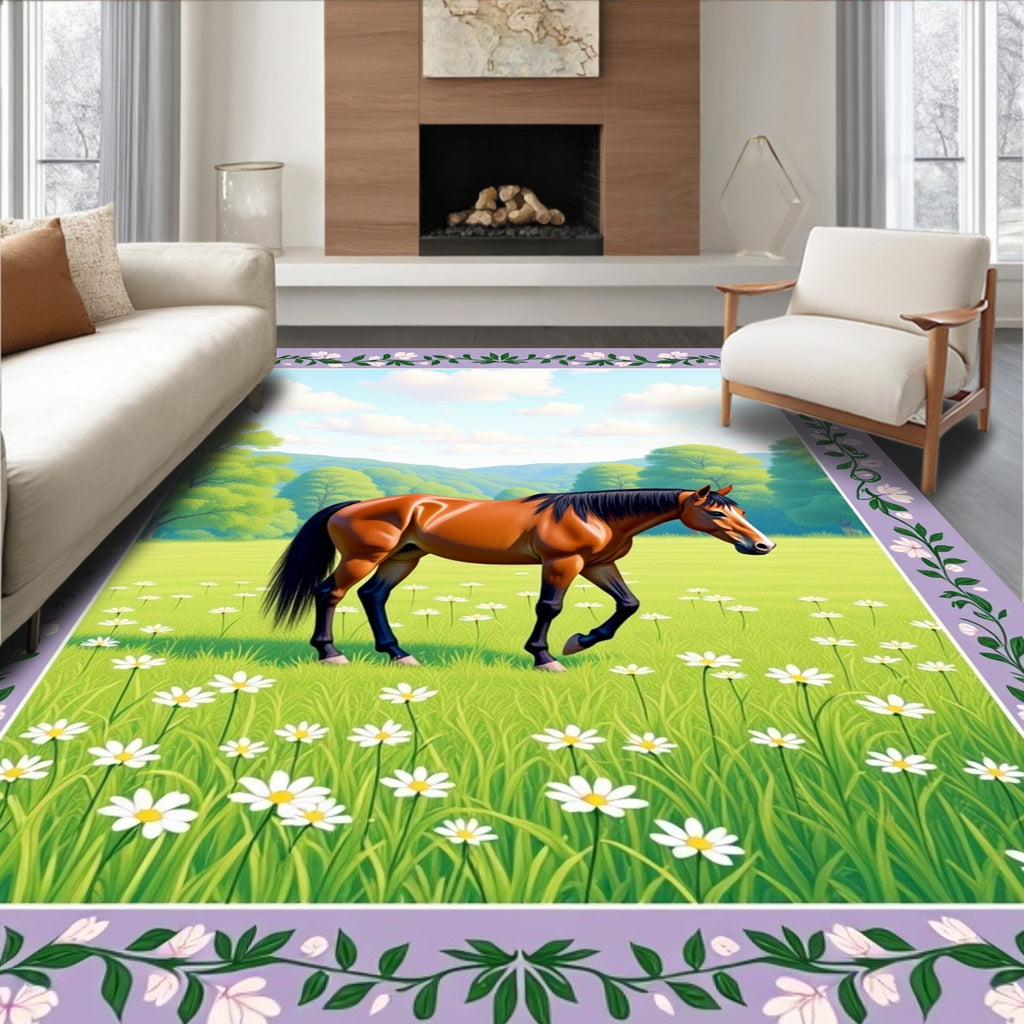 Sleek Bay Horse Meadow Daisy Border Rug