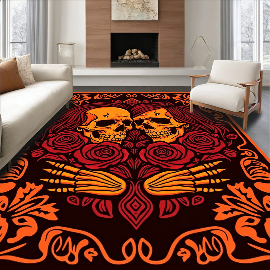 Fiery Skull Embrace Rose Tapestry Rug