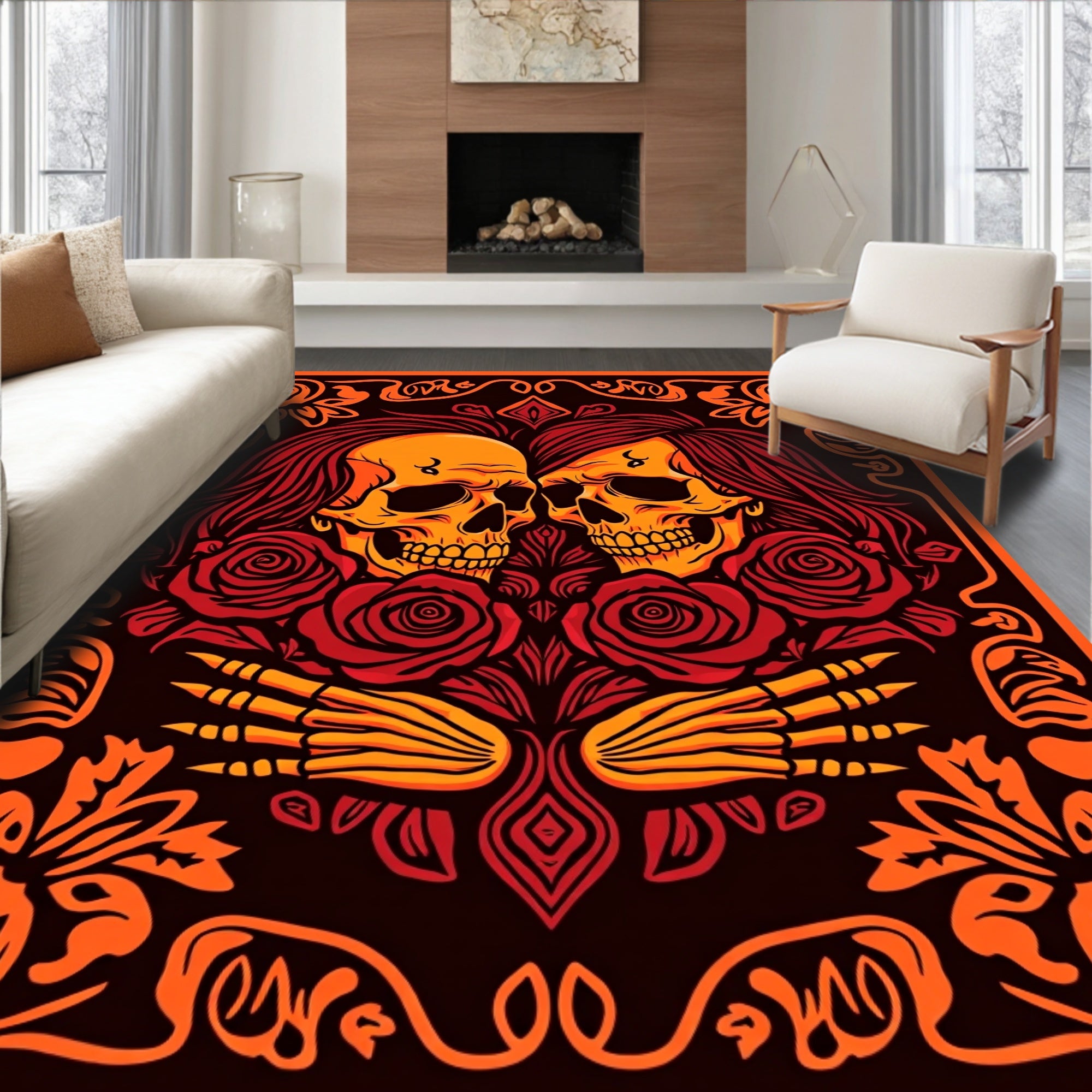 Fiery Skull Embrace Rose Tapestry Rug