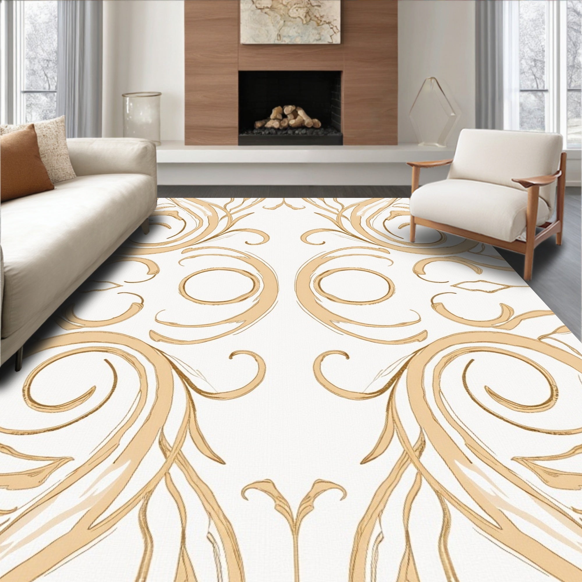Golden Baroque Scrollwork Swirls Oval Rug