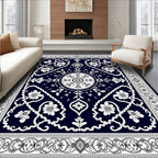 Deep Navy White Floral Medallion Border Rug