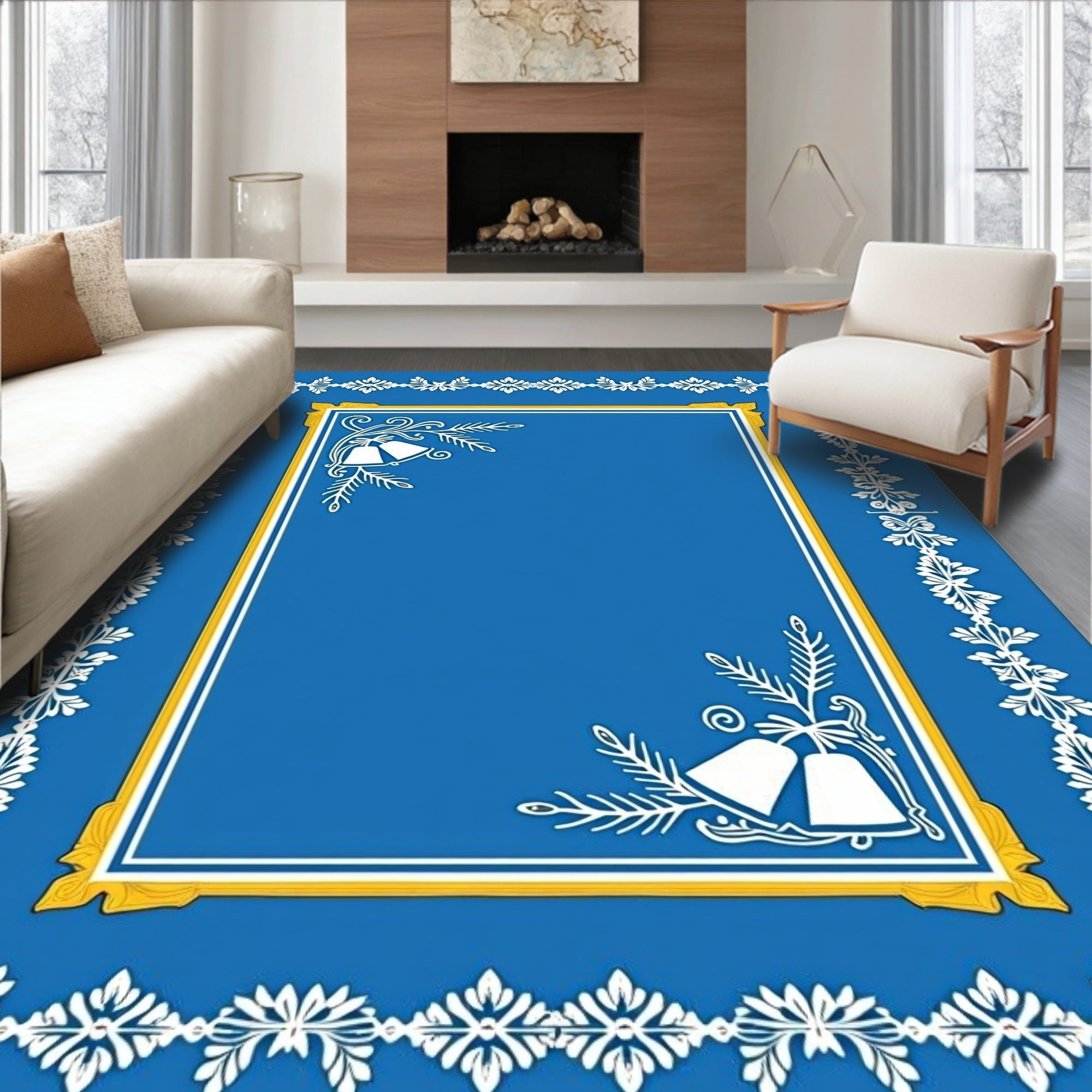 Vibrant Blue Festive Bell Border Rug