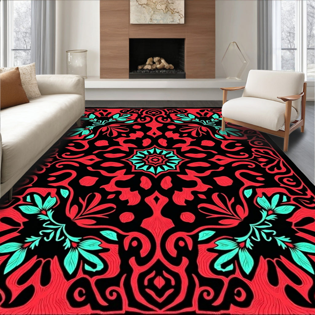 Coral Aqua Black Floral Medallion Rug