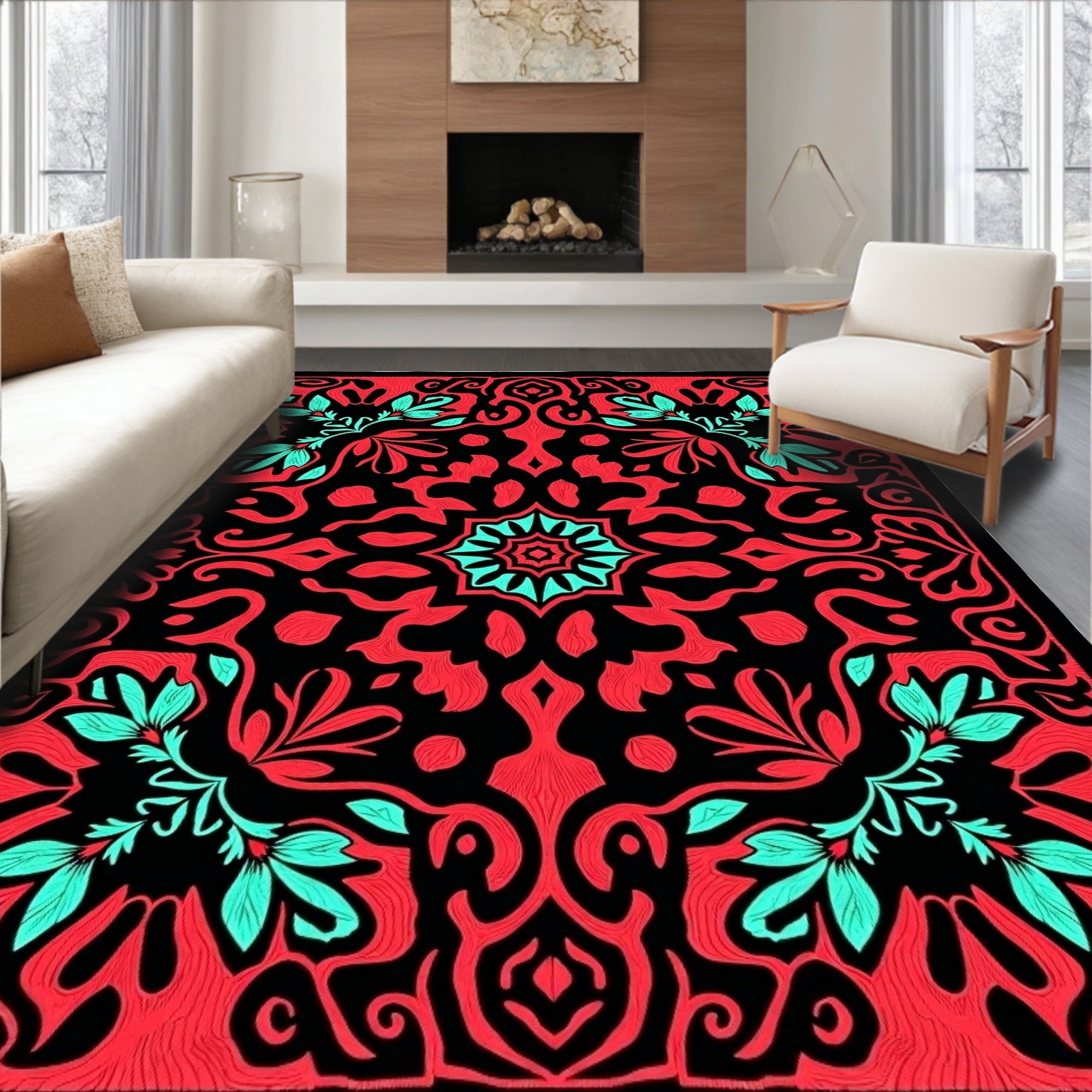 Coral Aqua Black Floral Medallion Rug
