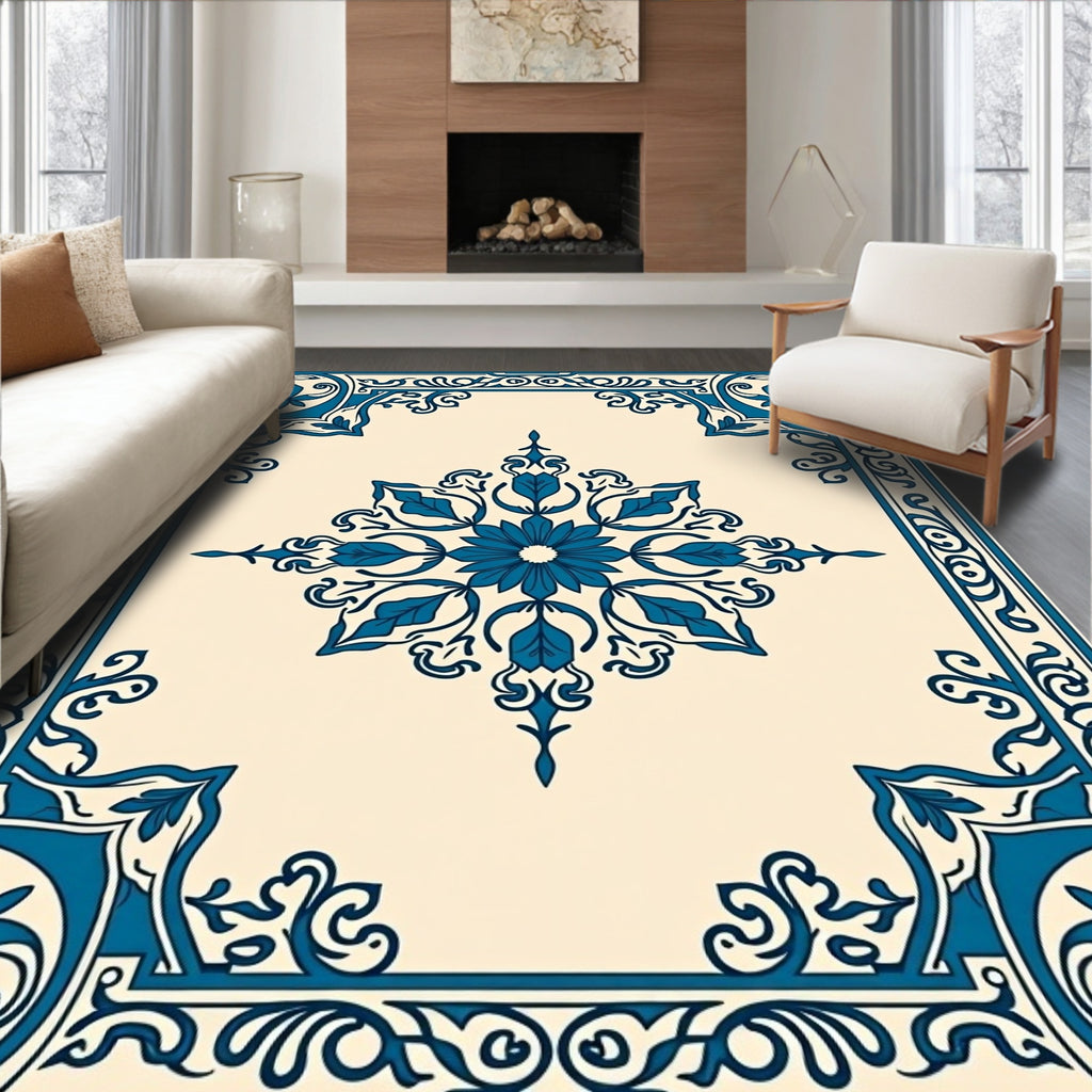 Elegant Teal Floral Medallion Frame Rug