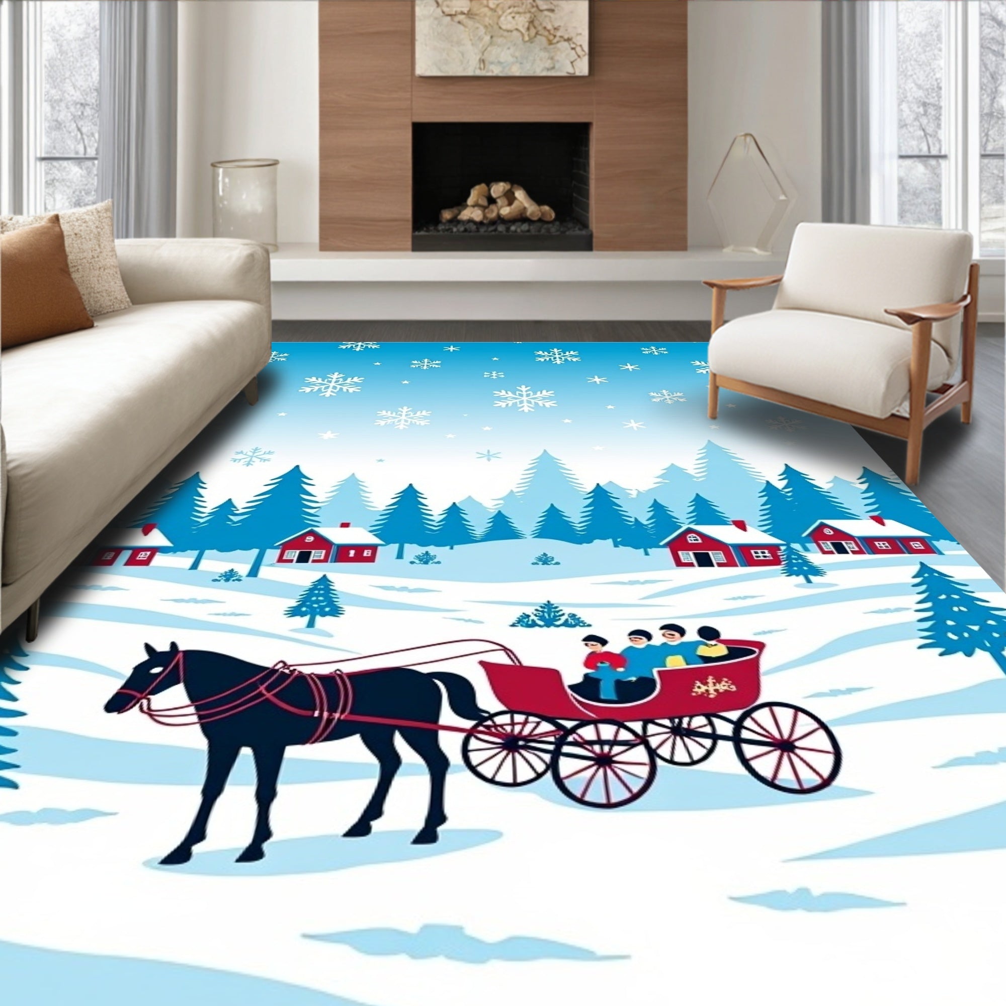 Winter Sleigh Ride Snowy Village Rug