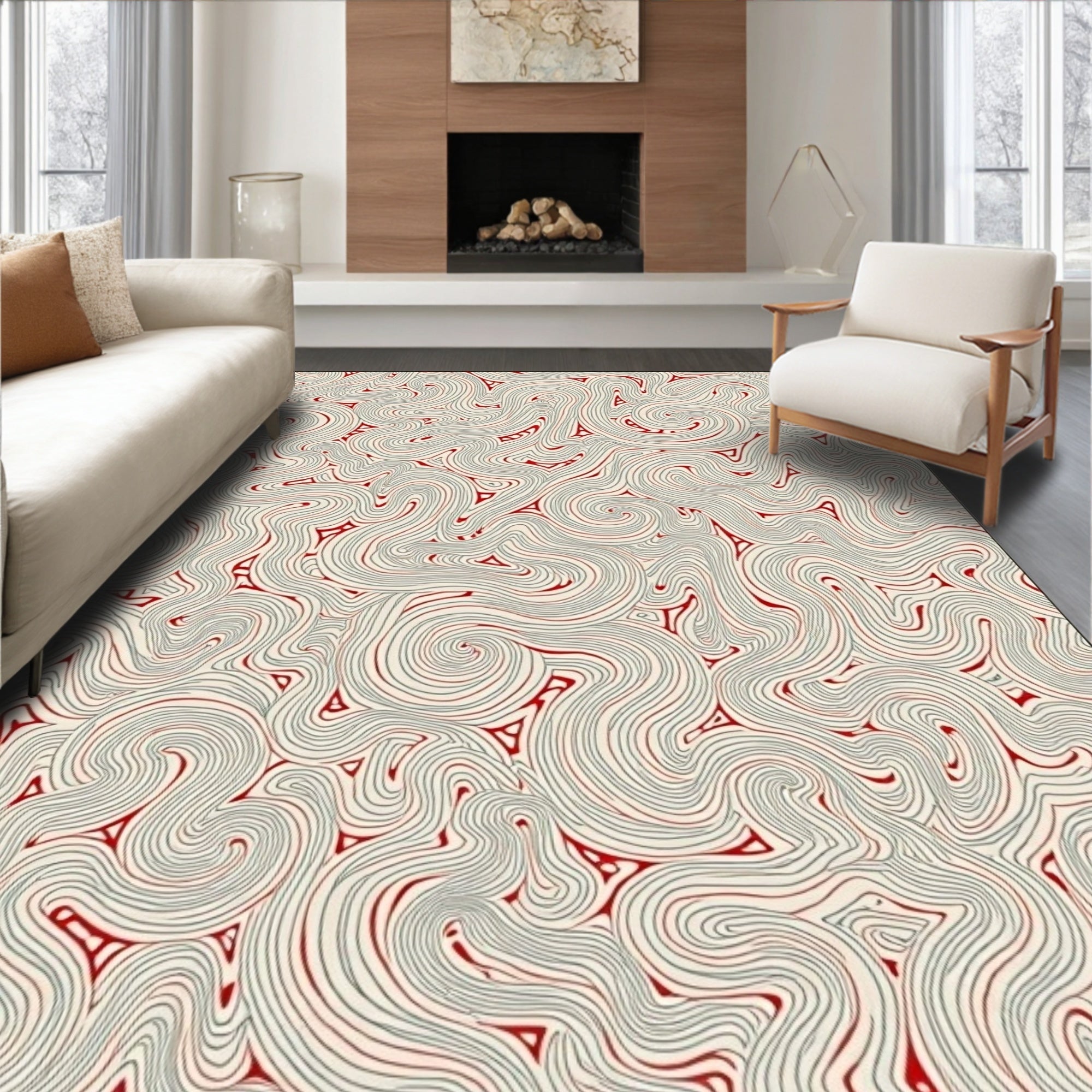 Crimson Swirl Abstract Organic Lines Rug