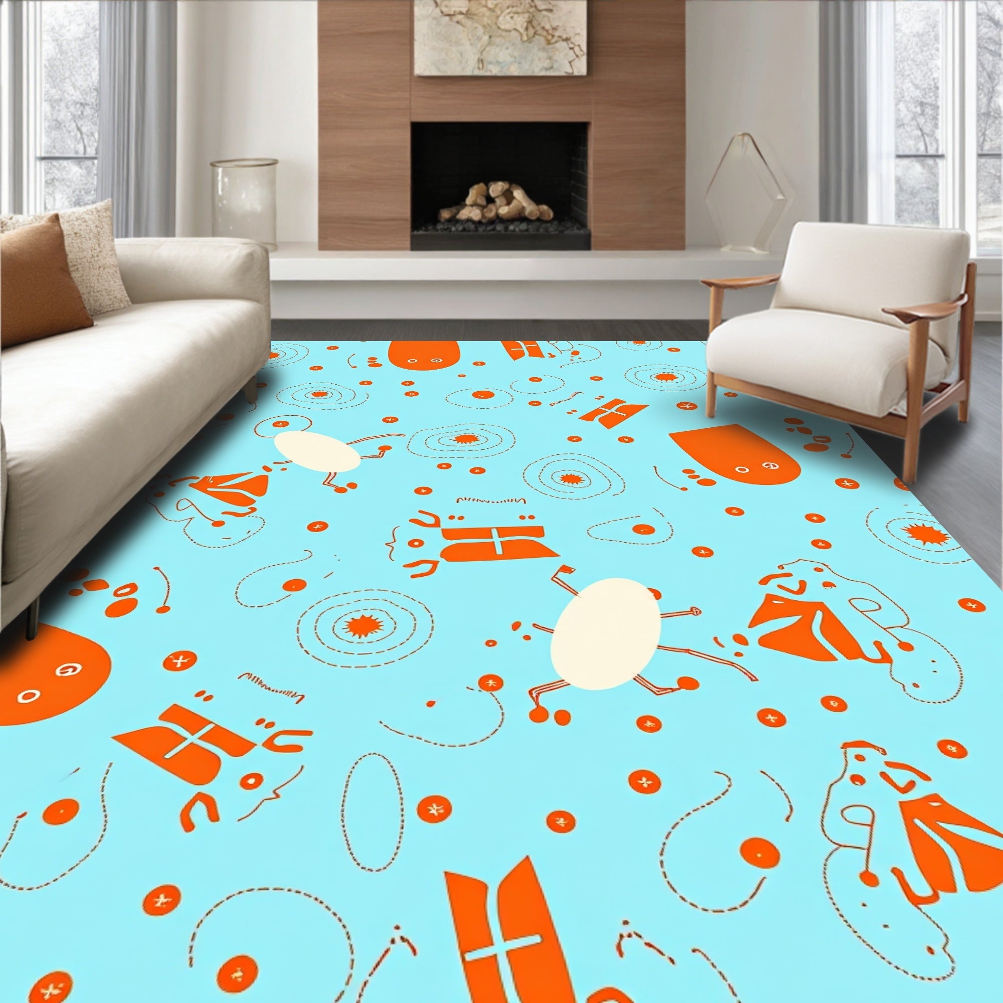 Orange and White Whimsical Creatures Rug