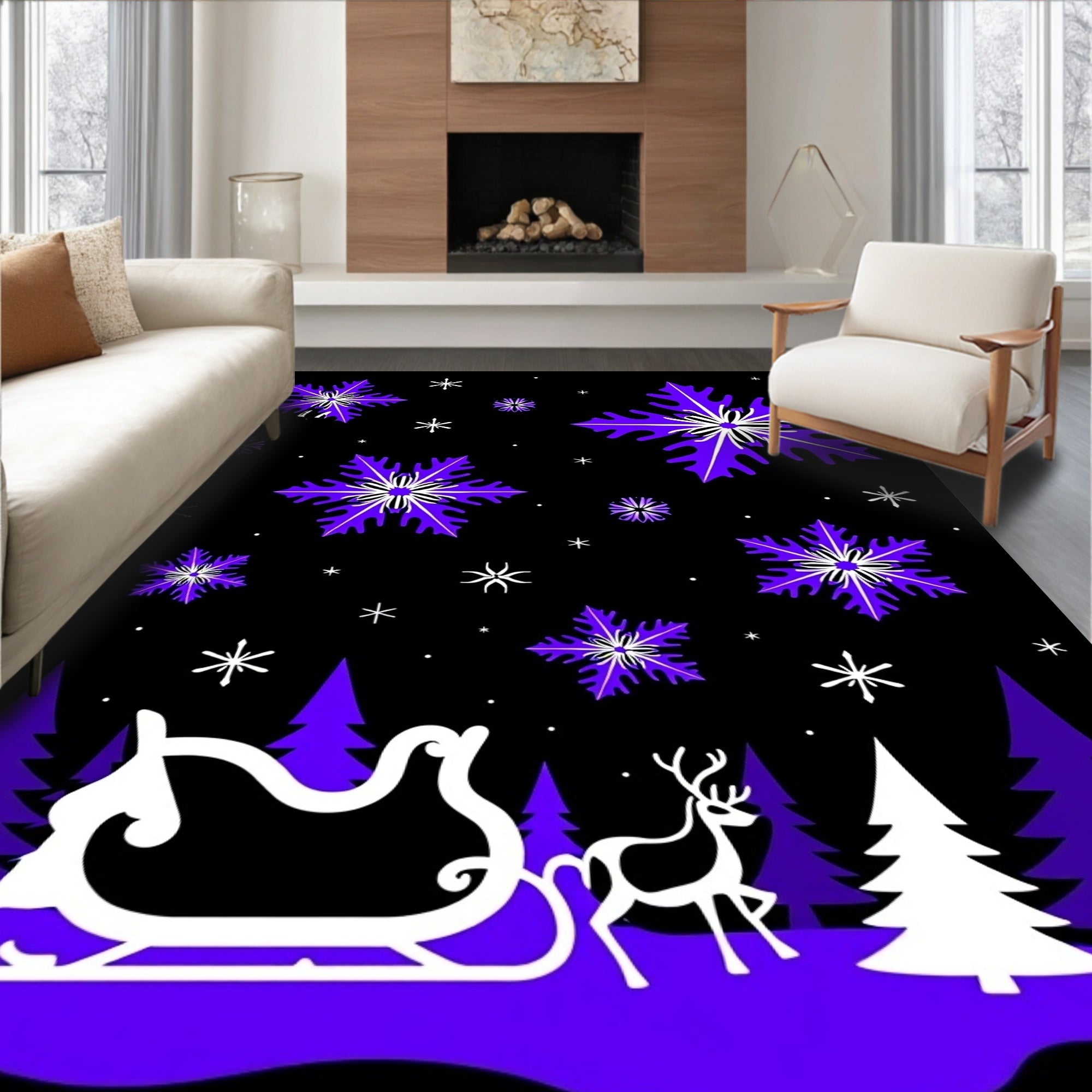Purple Snowflake Sleigh Scene Rug