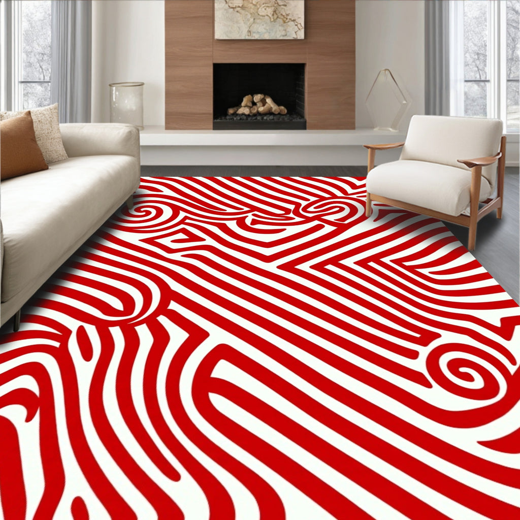 Crimson Swirl Abstract Stripe Rug