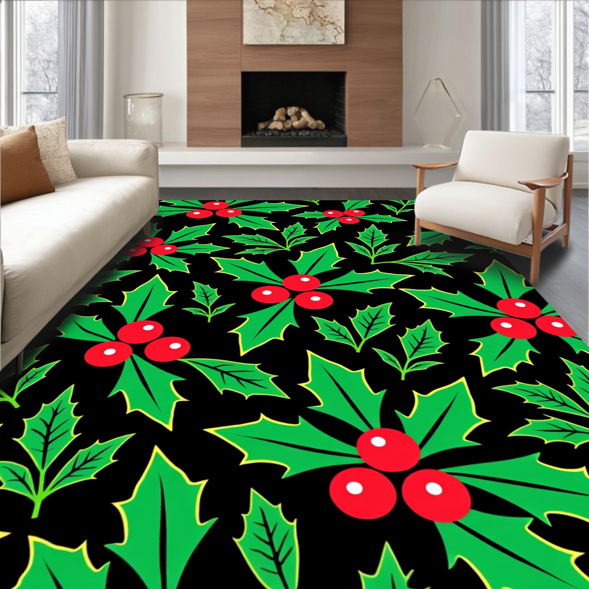 Festive Green Holly Berry Holiday Rug