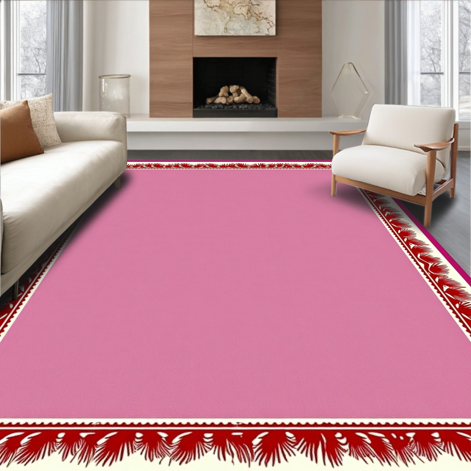 Crimson Floral Edge Pink Field Rug