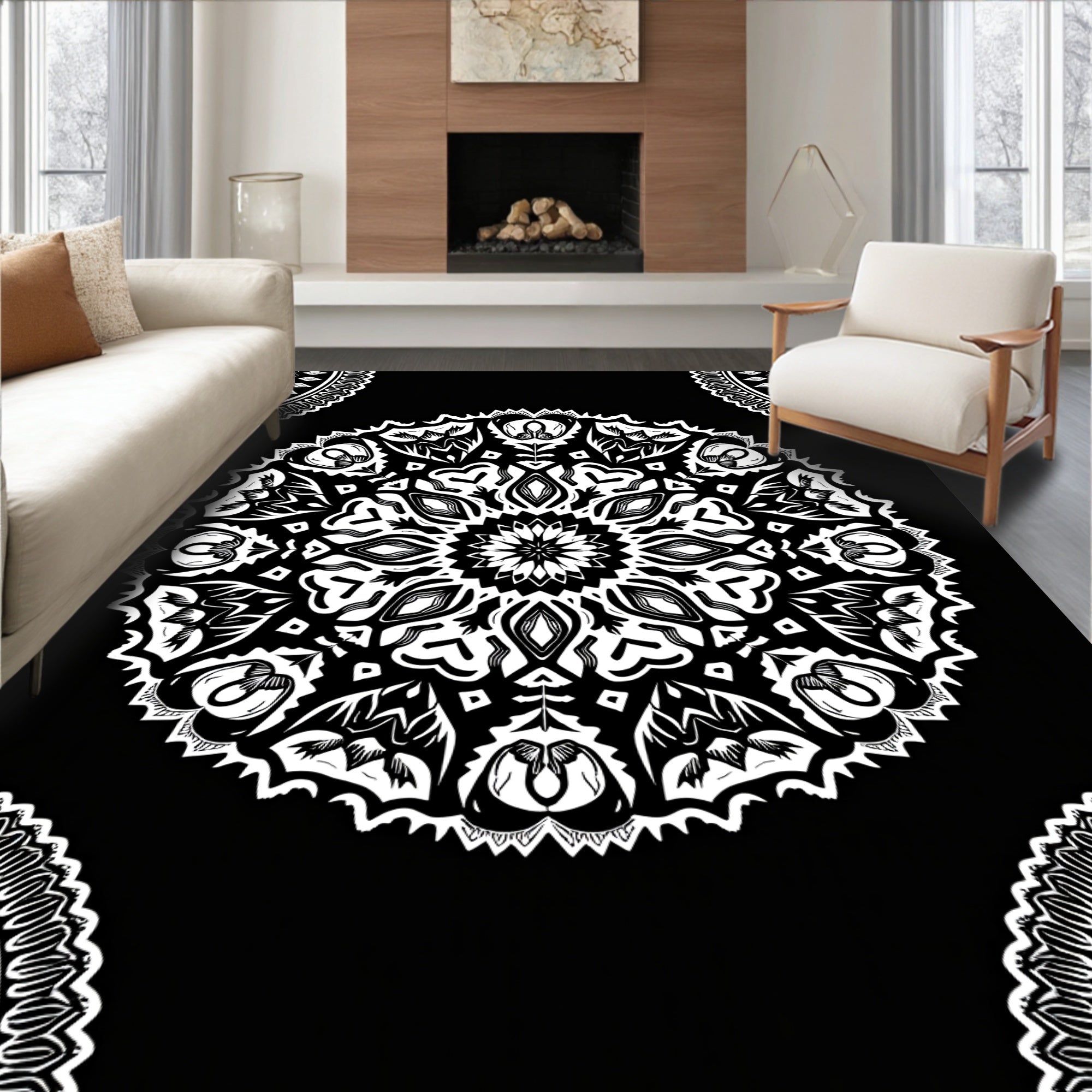 Monochromatic Detailed Floral Mandala Rug