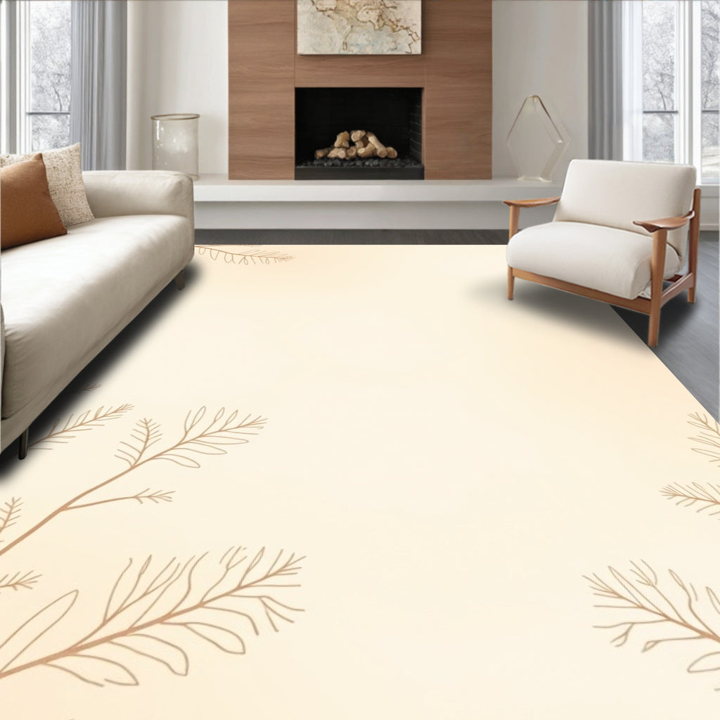Cream and Tan Botanical Branch Line Art Rug
