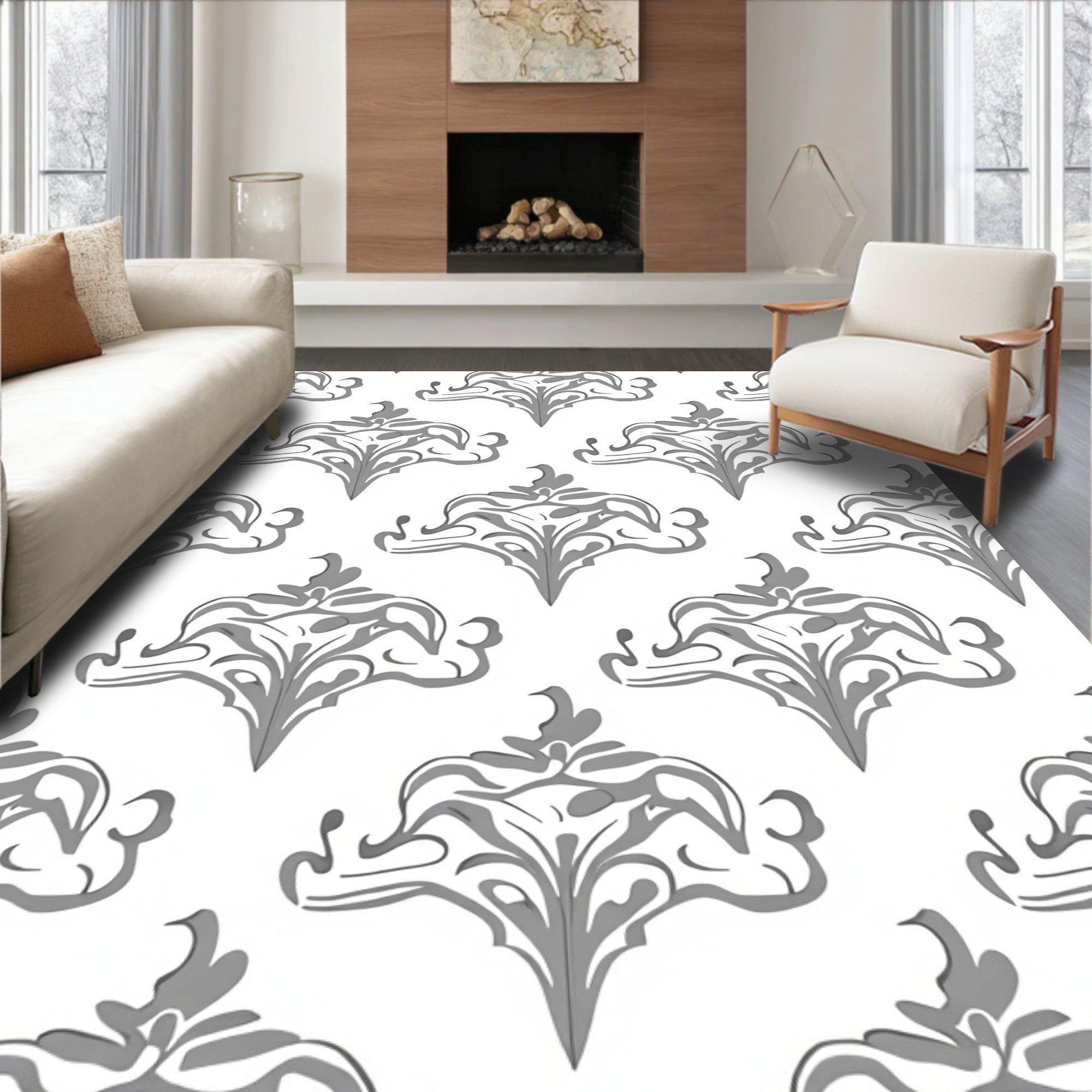 Gray Baroque Floral Crest Rug