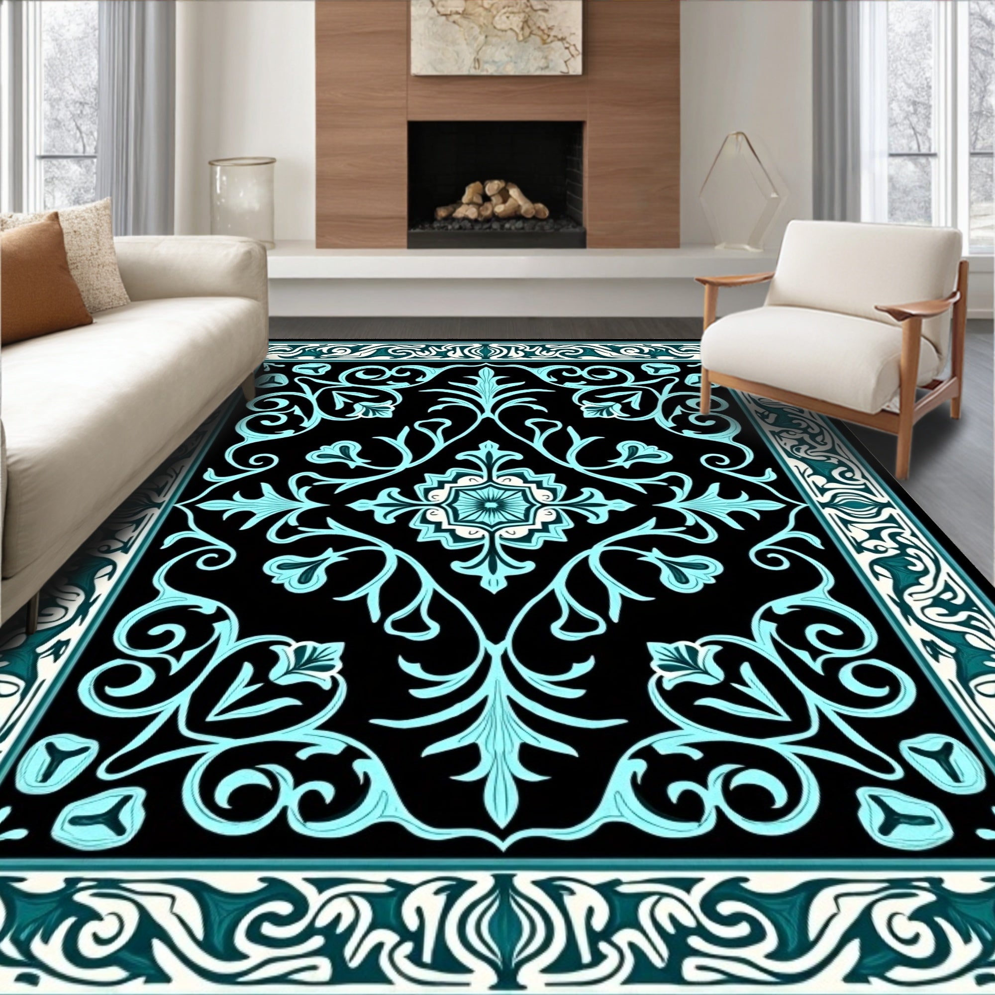 Black Aqua Floral Border Medallion Rug
