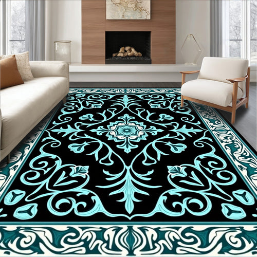 Black Aqua Floral Border Medallion Rug