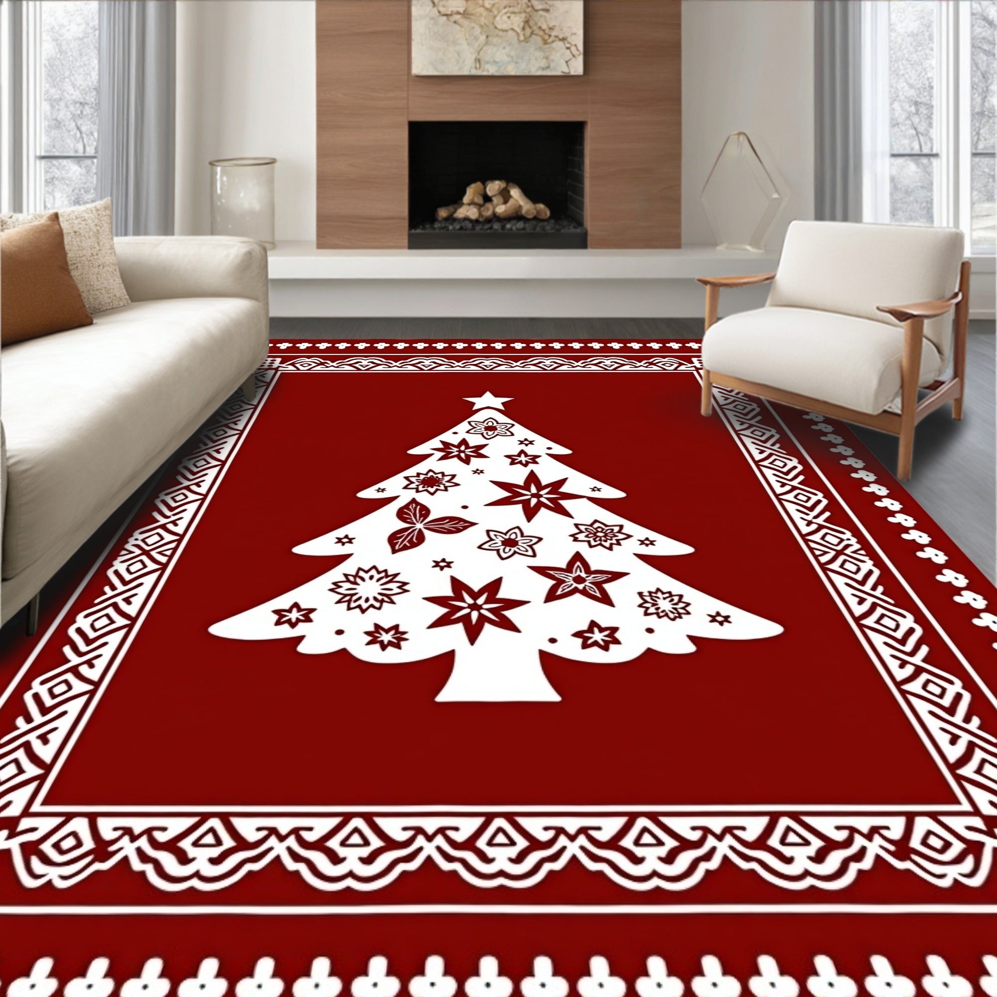 Crimson White Christmas Tree Border Rug