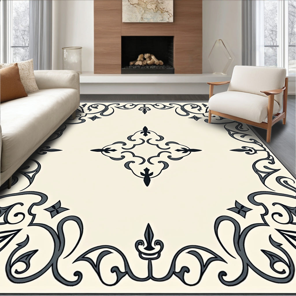 Elegant Ivory Scrollwork Filigree Rug