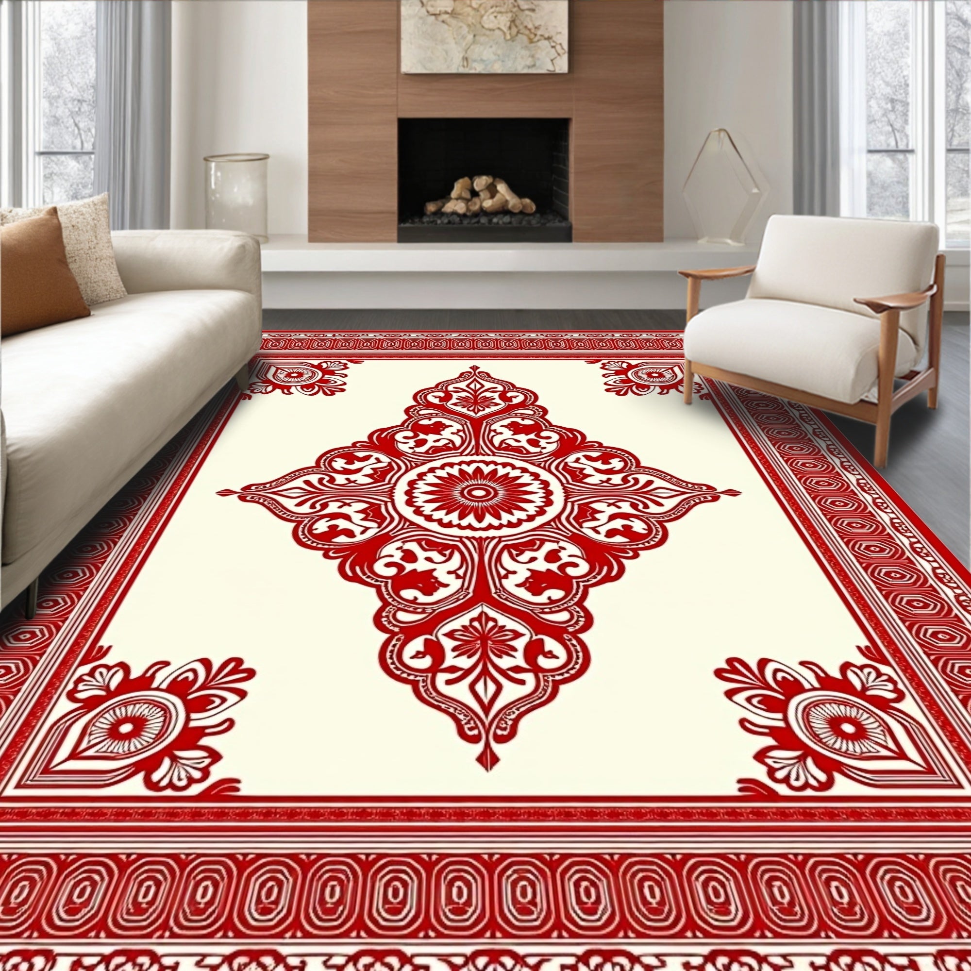 Crimson Red Floral Medallion Frame Rug
