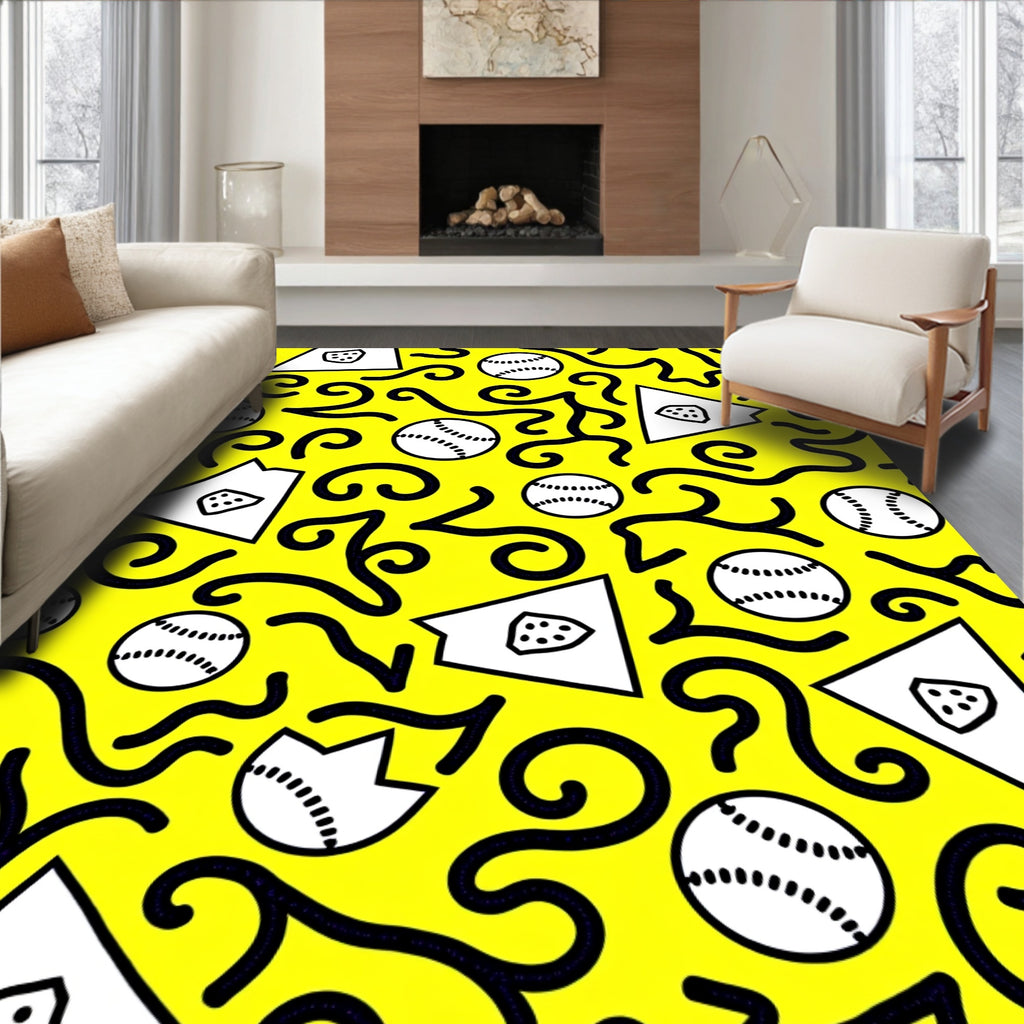 Bright Yellow Baseball Swirls Rug