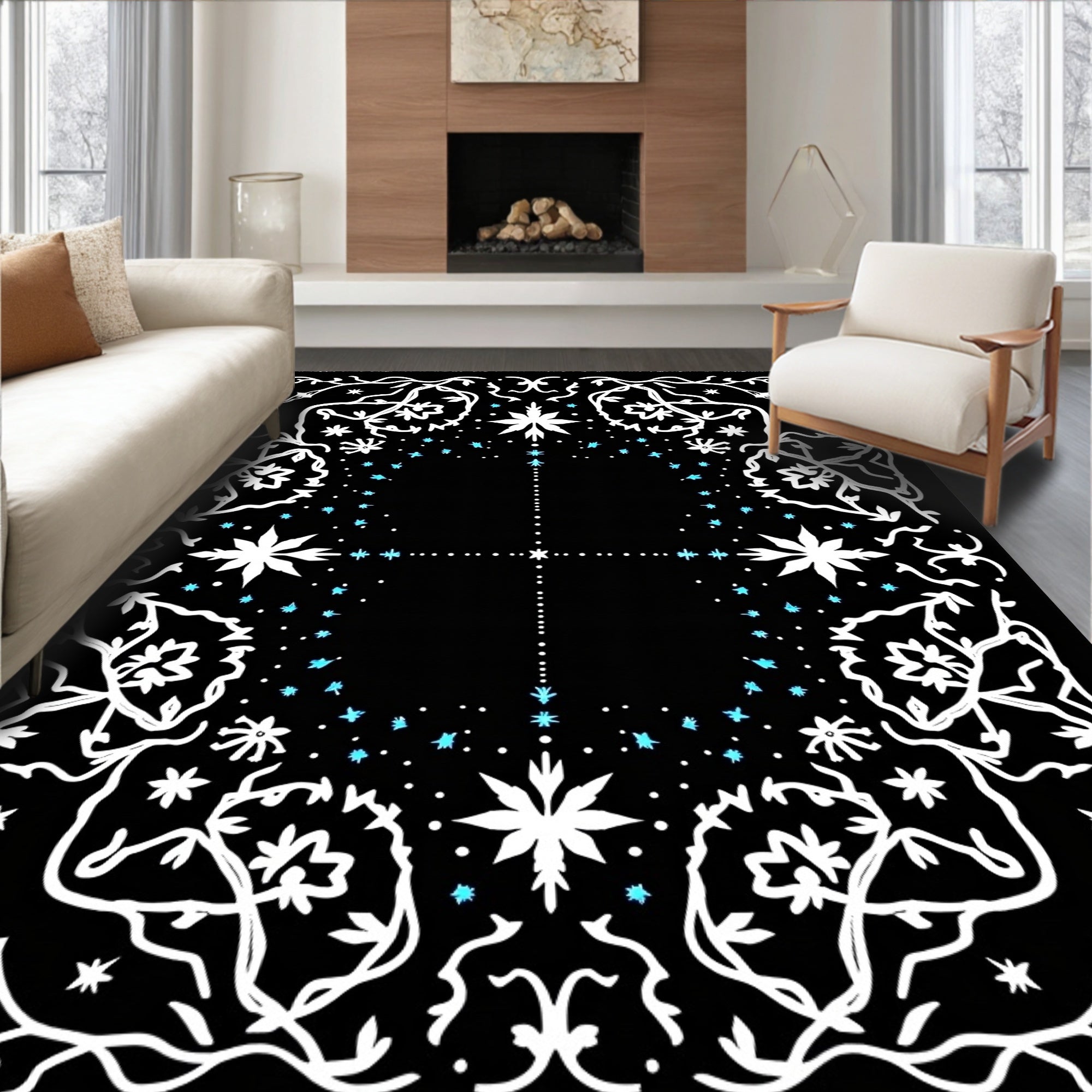 Black White Floral Starburst Splatter Rug