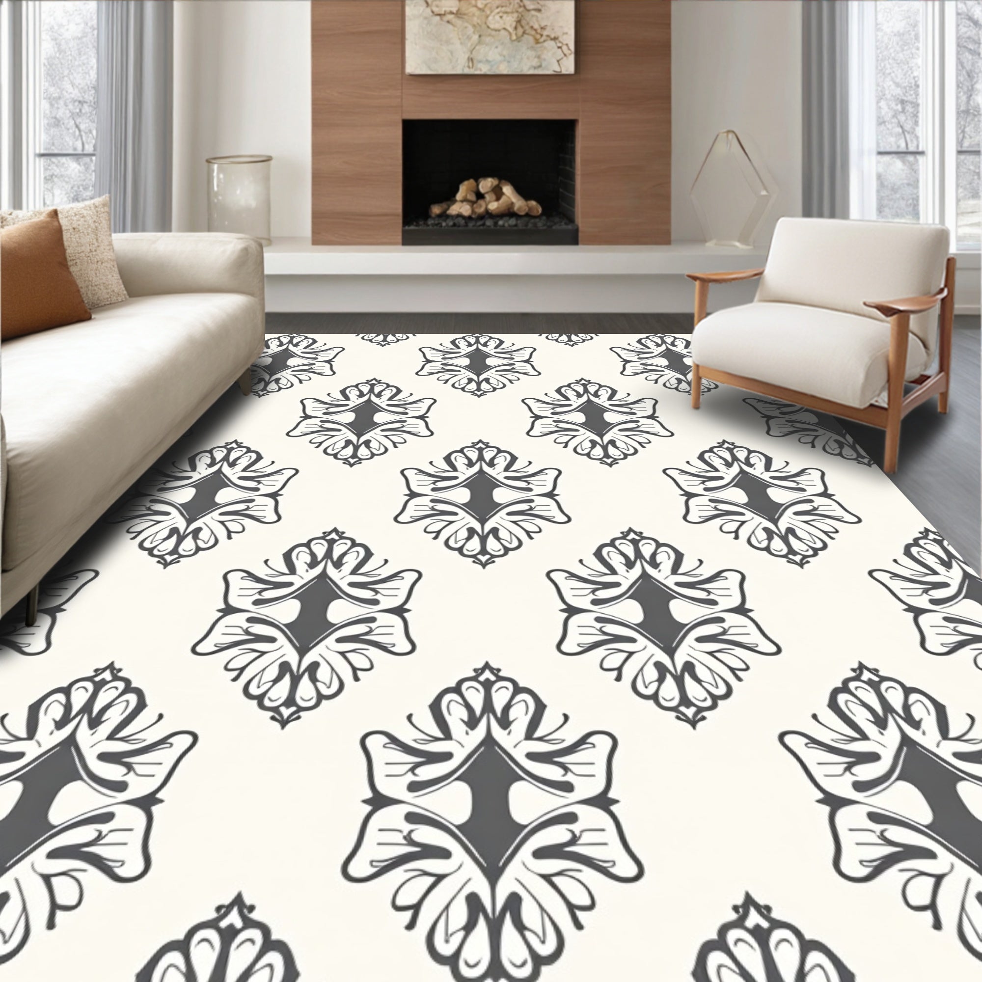 Dark Gray Classic Damask Repeating Floral Rug