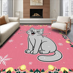 Happy Gray Cat Snowflake Pink Background Rug