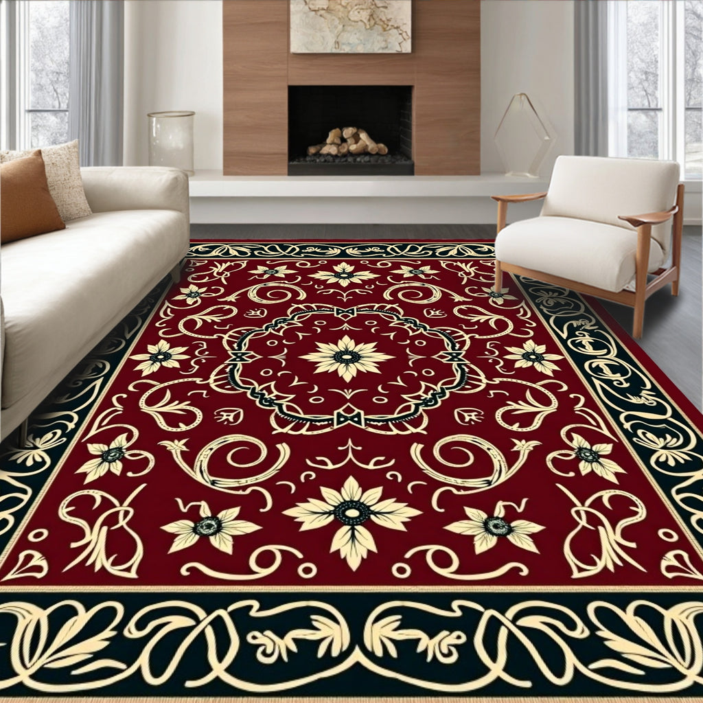 Crimson Cream Scrollwork Floral Medallion Rug