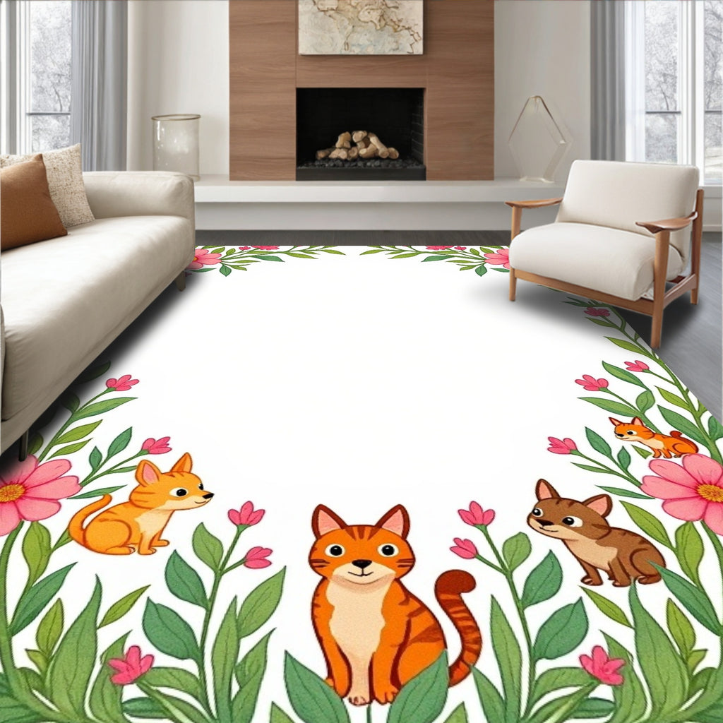 Pink Floral Garden Cats and Puppies Rug