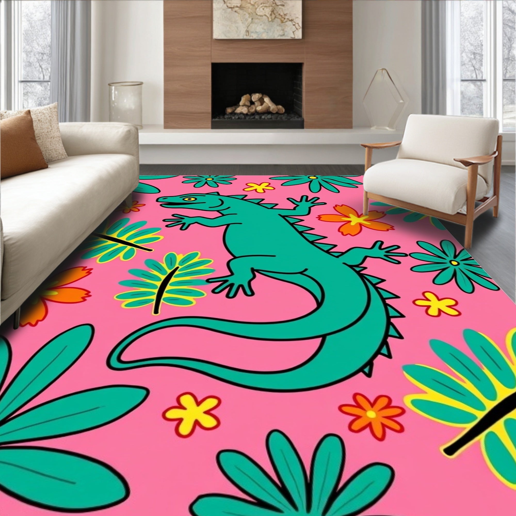Teal Lizard Pink Floral Explosion Rug