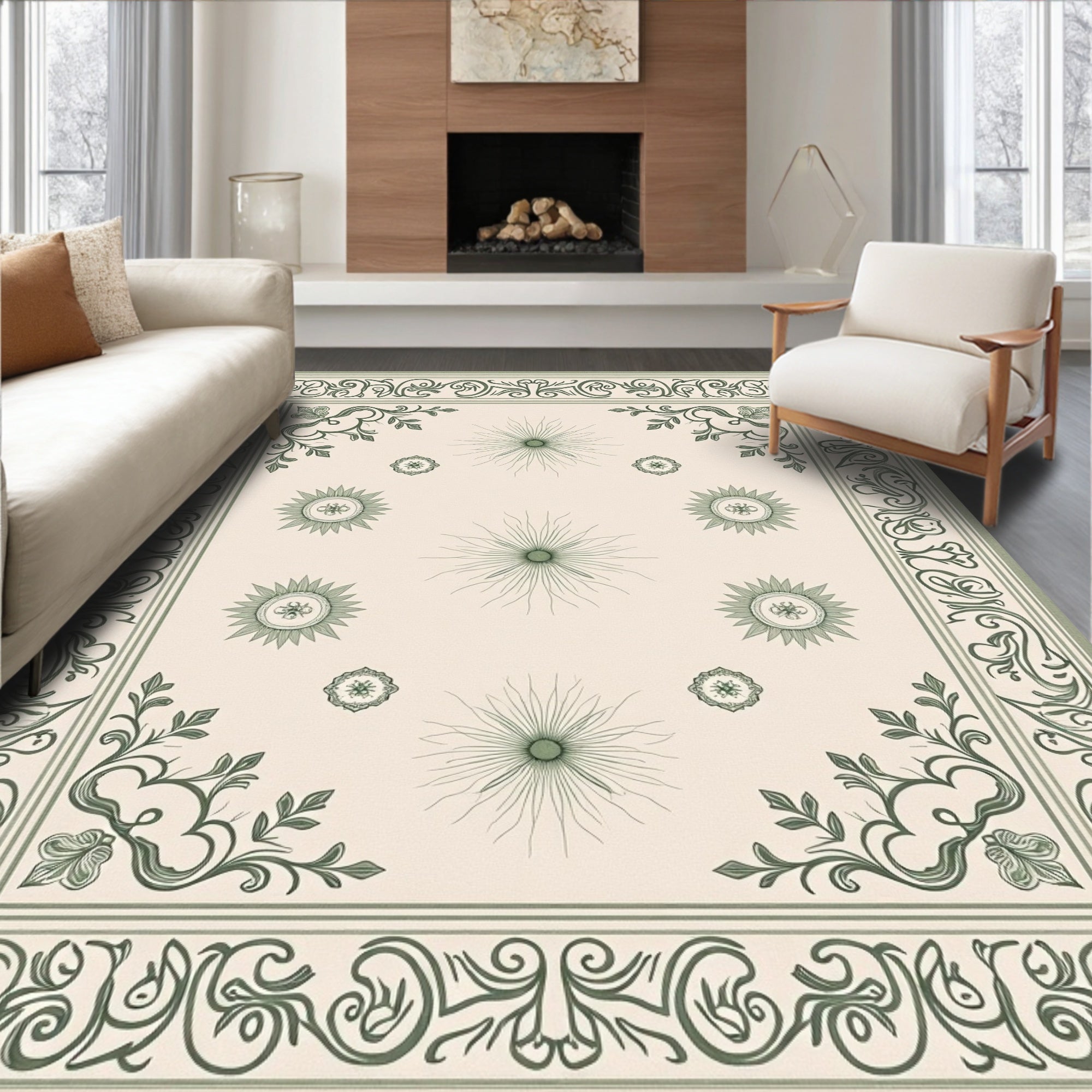 Green Floral Vine Medallion Border Rug