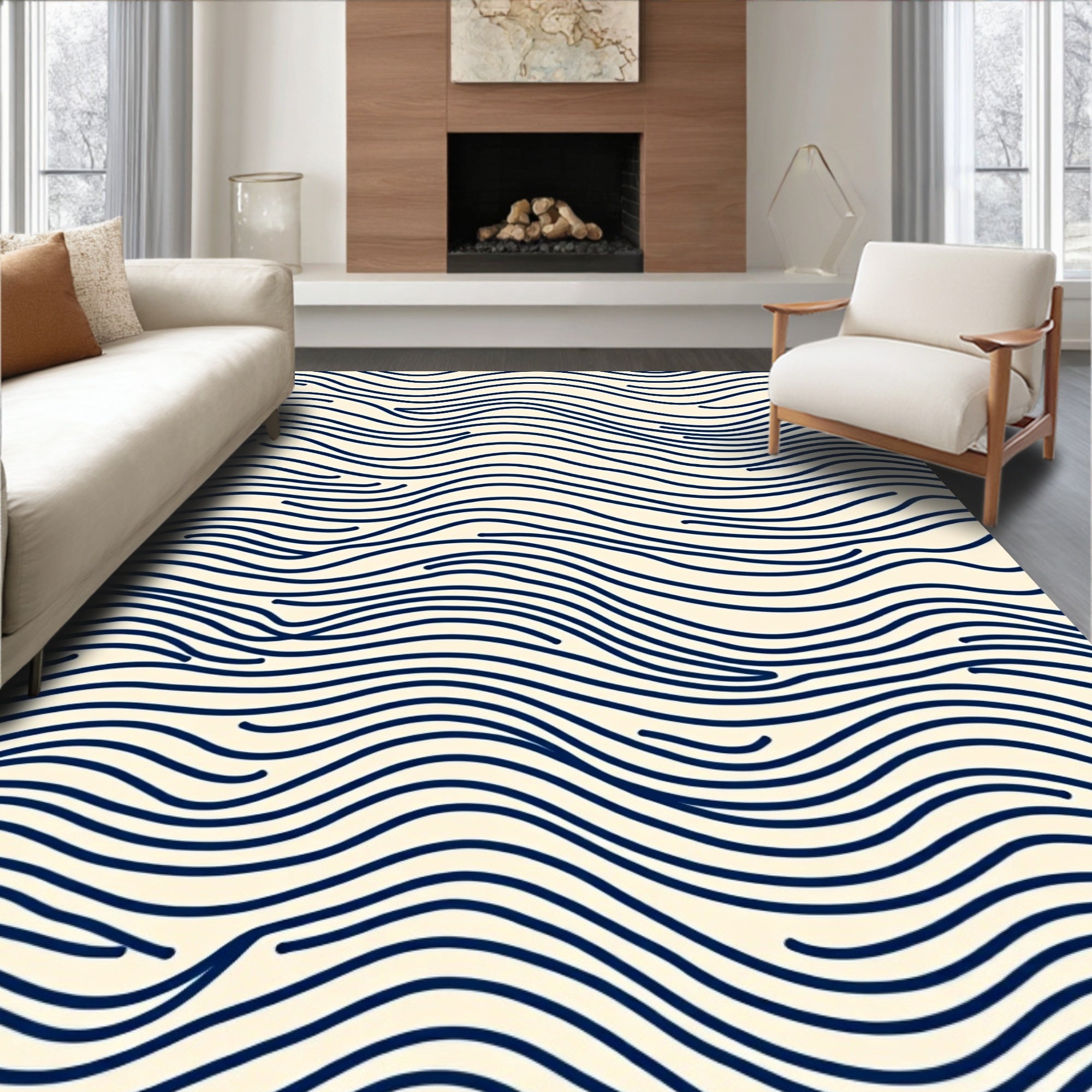 Cream and Navy Wavy Lines Rug