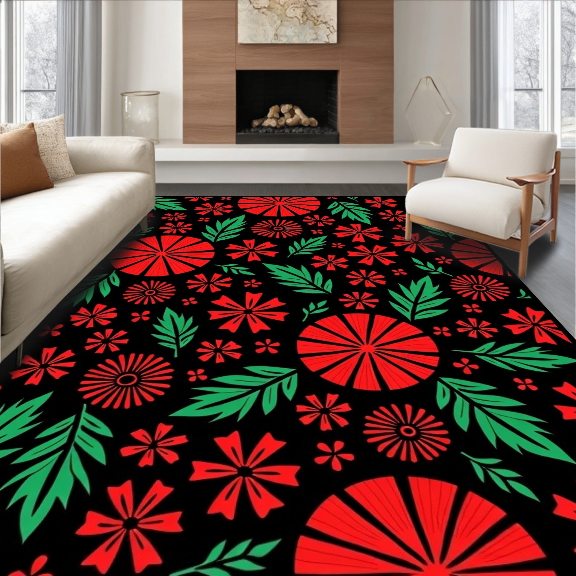 Bold Red Floral Leaf Garland Rug