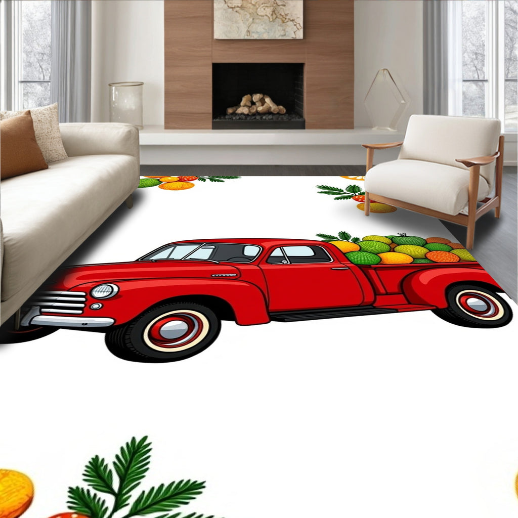 Vibrant Red Truck Citrus Harvest Rug
