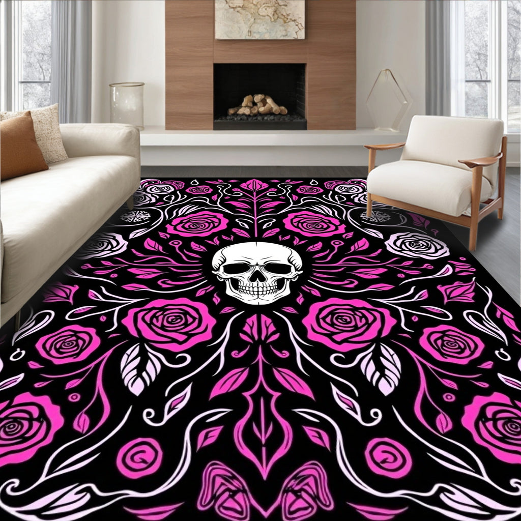 Gothic Pink Skull Floral Swirls Rug