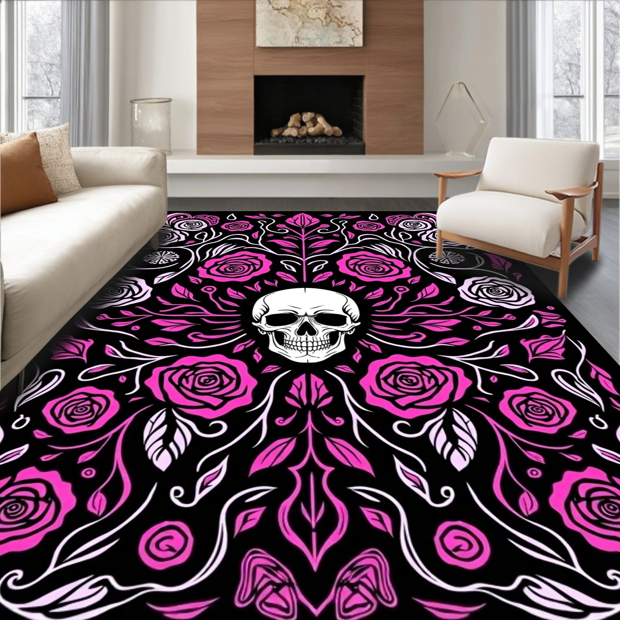 Gothic Pink Skull Floral Swirls Rug